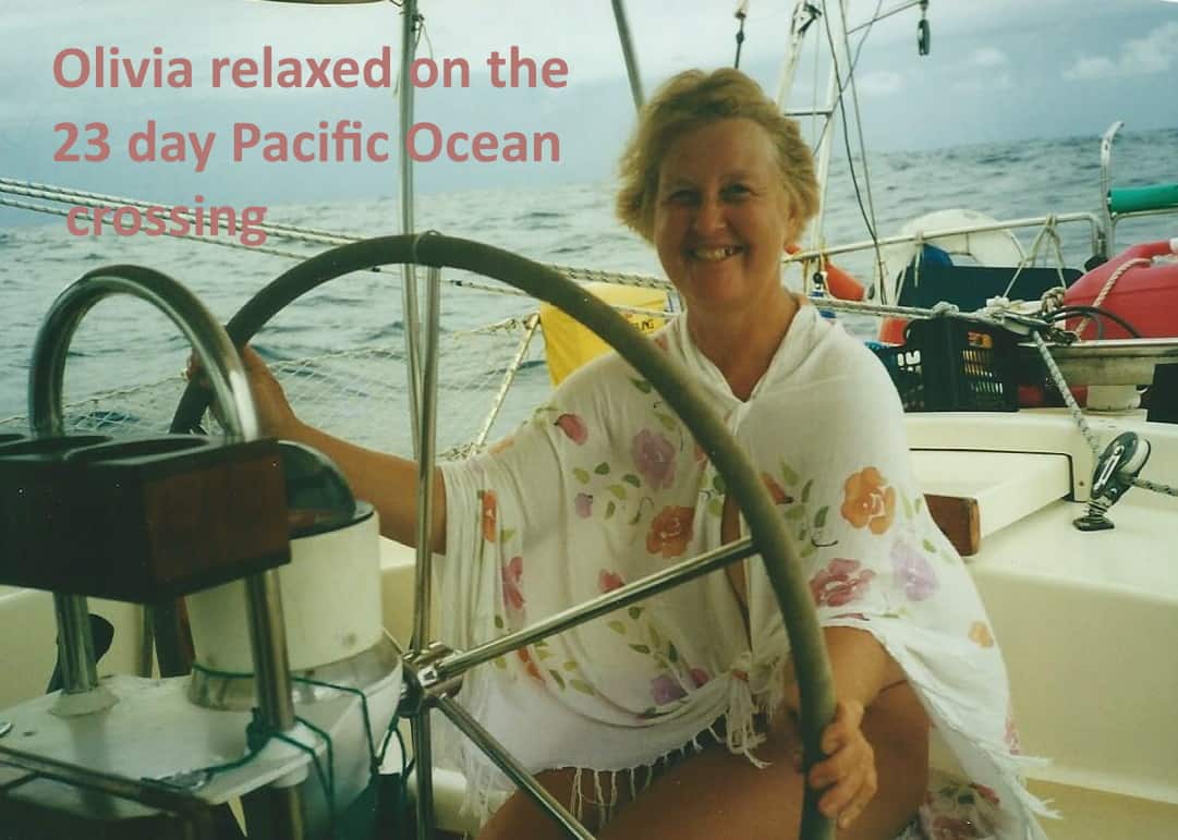 A relaxed Olivia during the 23 day crossing of the Pacific Ocean A relaxed Olivia during the 23 day crossing of the Pacific Ocean